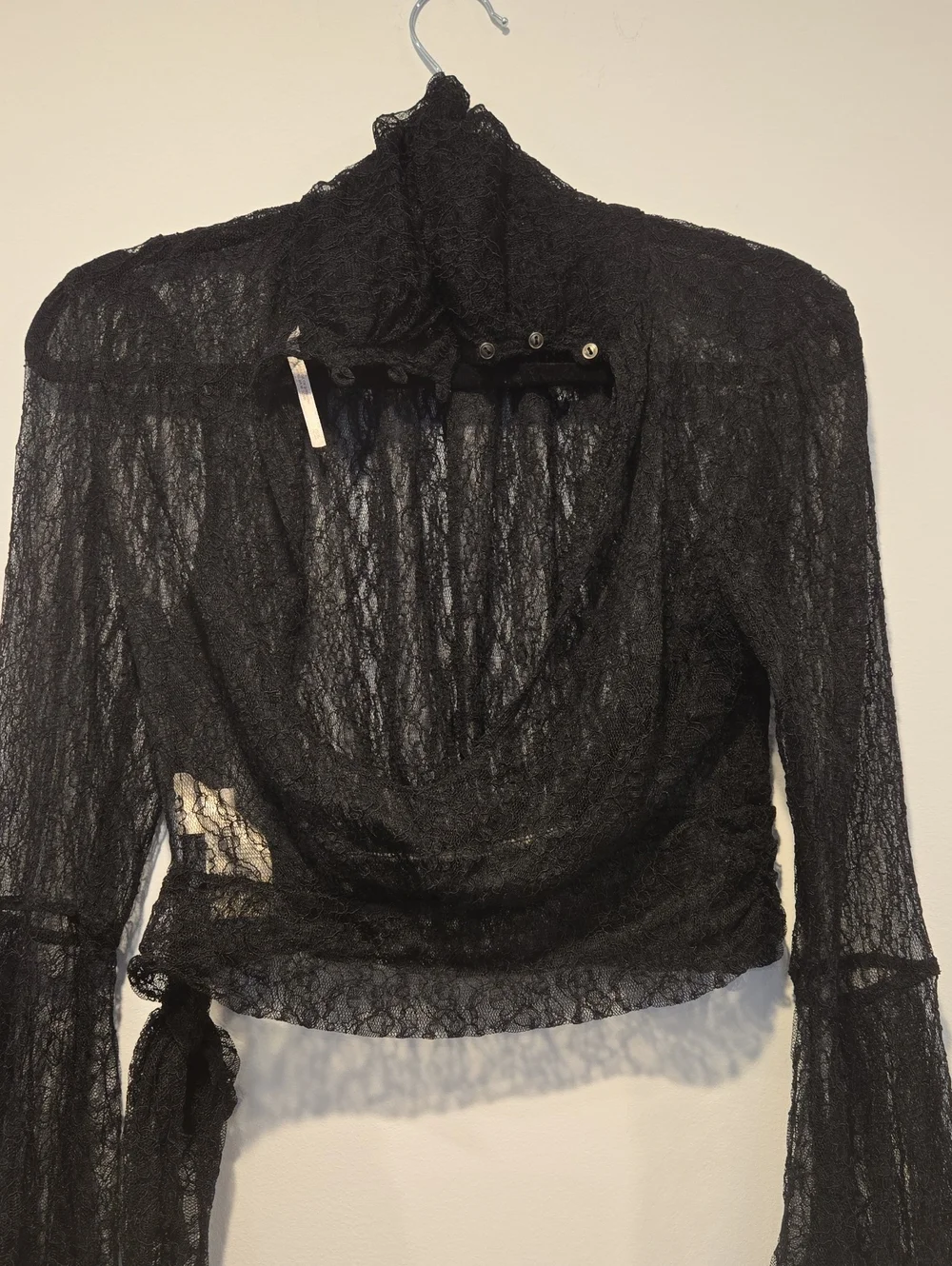 Free People Black Lace Crop Top Bell Sleeve Keyhole Back Whimsigoth Boho XS
